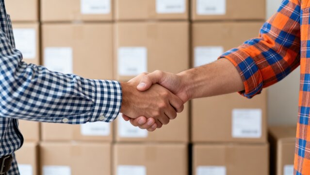 Two people shaking hands in front of stacked boxes