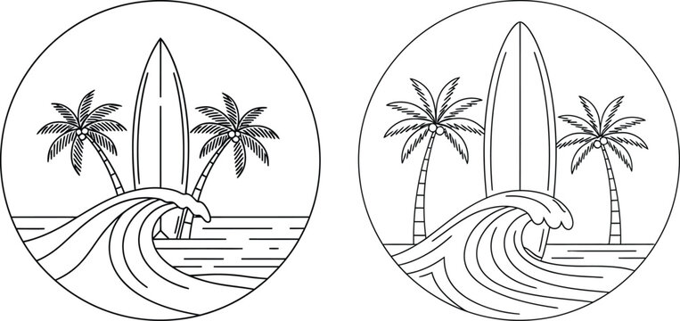 Minimalist tropical surfboard and palm tree beach scene with ocean wave line art design for summer vacation travel illustration