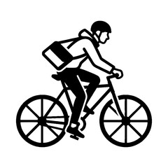 Naklejka premium Black and white vector icon of a bicycle courier wearing a helmet and carrying a messenger bag while riding a bicycle in a side profile view