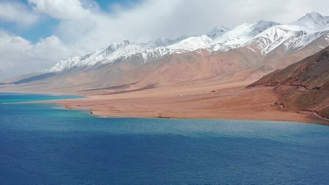 Aerial reveal of majestic blue Pangong Tso lake in Ladakh India. High Altitude Lake in Greater Himalayas