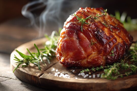 Smoked ham hock on a rustic wooden plate with fresh herbs and spices