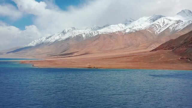 Aerial reveal of majestic blue Pangong Tso lake in Ladakh India. High Altitude Lake in Greater Himalayas