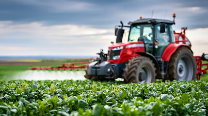 Obraz premium Close-up of a red tractor spraying pesticides across lush green crops under a dramatic sky, modern agriculture concept, tractor crop photography, farm maintenance visualization,