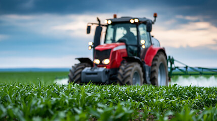 Obraz premium Close-up of a red tractor spraying pesticides across lush green crops under a dramatic sky, modern agriculture concept, tractor crop photography, farm maintenance visualization,