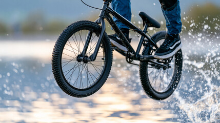 Fototapeta premium Close-up of a BMX rider flying through the air with water splashing around, extreme sport concept, BMX air photography, adrenaline youth visualization, defocused background, with