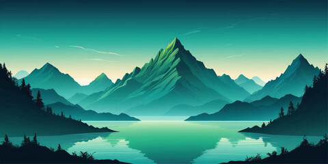 Foggy mountain landscape at sunrise with mountains, valleys, lake, clouds and mist © md bahar