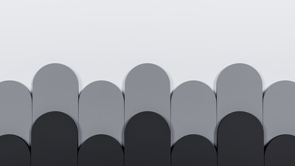Obraz premium 3D render of layered geometric arch panels with a grey color gradient pattern on a white background.