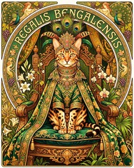 Obraz premium Bengal cat regal vintage ornate illustration with peacock feathers and floral decor