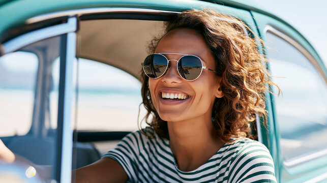 Close-up of a girl smiling brightly from a vintage car window parked by the beach, summer road trip concept, car window photography, carefree adventure visualization, defocused
