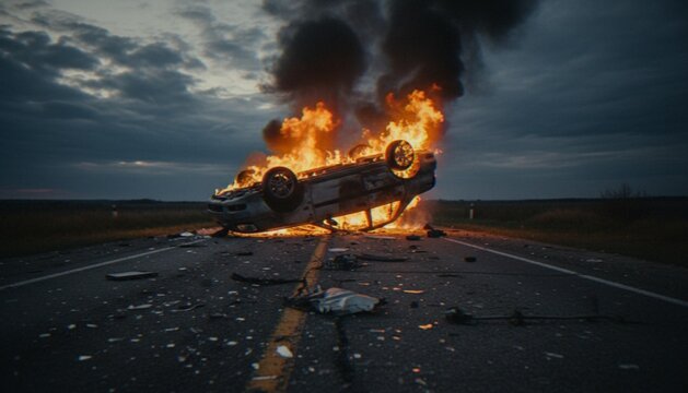 A burning car overturned in the middle of a road at twilight with debris scattered across the asphalt.