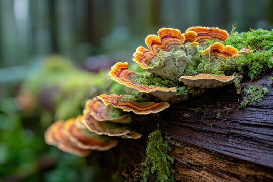 Natural scene of shelf fungi on a weathered log in woodland shade