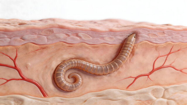 Worm in human skin tissue