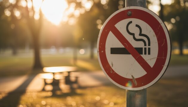 No Smoking Sign in Park with Sunlight Filtering Through Trees