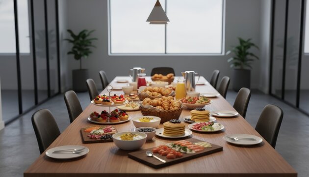 Breakfast buffet spread on a long conference table in an office meeting room