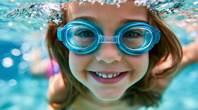 Close-up of a joyful swimmer underwater capturing vibrant youth and aquatic adventure, swimming concept, underwater child photography, aquatic fun visualization, defocused