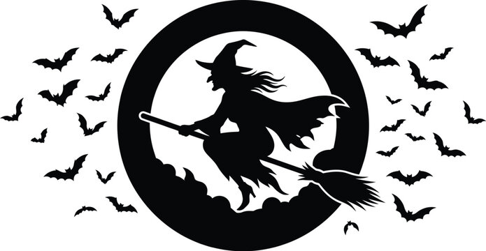 witch silhouette on broomstick with bats halloween