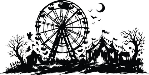 ferris wheel silhouette with tents and moon © Mehedi