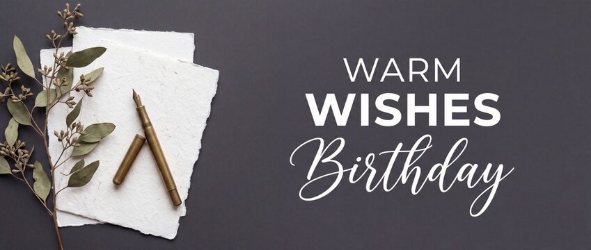 Warm wishes birthday greeting card with vintage brass fountain pen, handmade deckle edge paper, and dried eucalyptus leaves on elegant dark gray background. Minimalist aesthetic celebration card banne