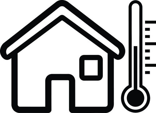 Stylized outline icon representing a house with a thermometer next to it symbolizing temperature measurement within a home environment