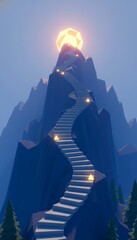 Fototapeta premium Winding stone staircase leading to a glowing geometric sun on a mountain peak