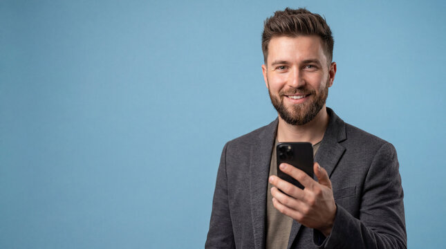 Businessman holding a smartphone stands against a solid blue background while looking at the camera.