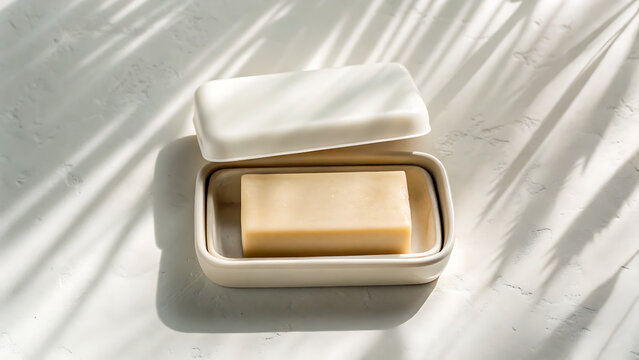 Empty ceramic soap dish on minimalist white bathroom counter with soft natural light