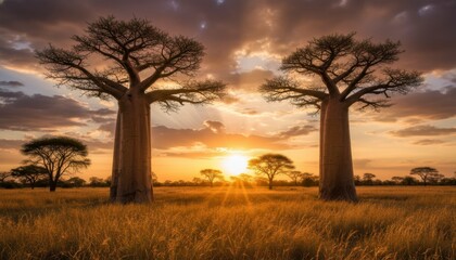 Naklejka premium Baobab trees standing in a grassy savanna at sunset