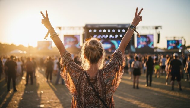 Young woman making peace signs with her hands while watching an outdoor music festival at sunset