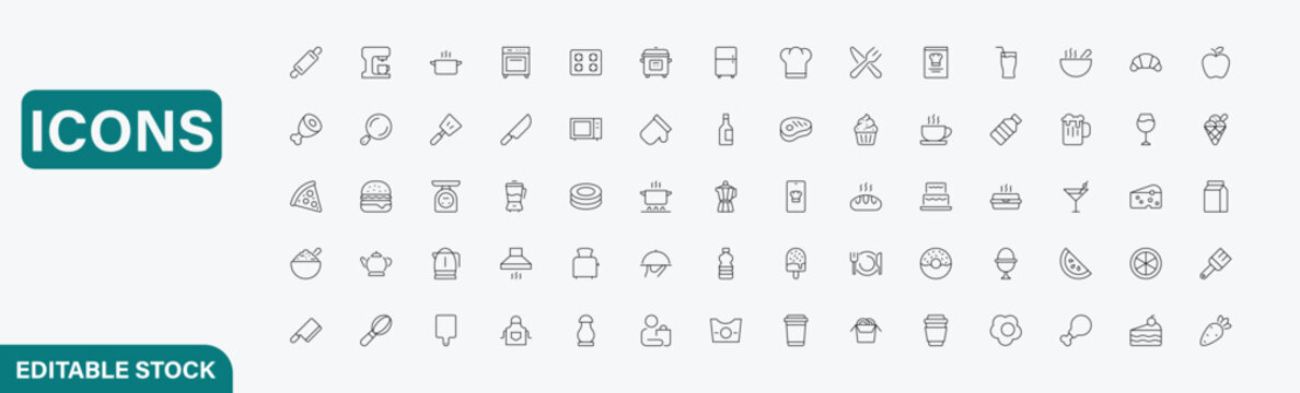 Set of kitchen and cooking icons, thin line style, vector illustration collection of culinary equipment, food, and beverage symbols for restaurant, cafe, and home cooking