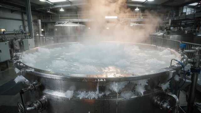 Medium shot of an open tank ammonium chloride crystallizer system with visible crystal formation and steam rising highlighting traditional evaporative processes in an industrial