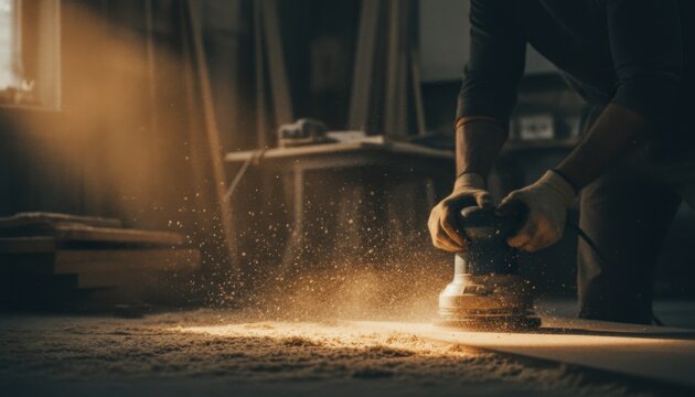 Carpenter Using Electric Sander in Workshop with Dust and Sunlight
