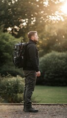 Fototapeta premium Adventurer Standing in Nature with Backpack at Sunset