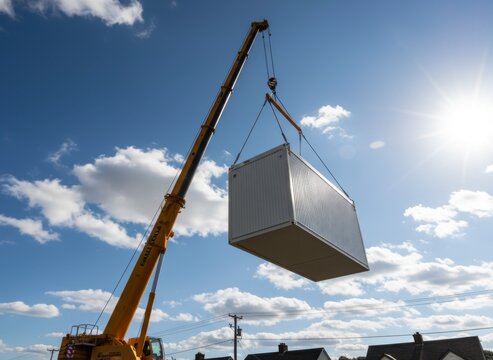 Construction crane lifting container against blue sky and clouds