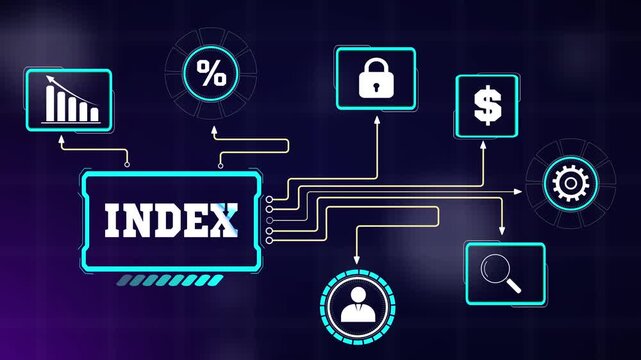 Global stock index performance tracking framework featuring creative digital node connections, loop layout