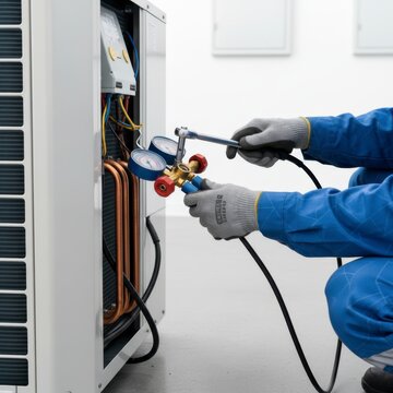 Technician Repairing Air Conditioning Unit with Gauges and Tools