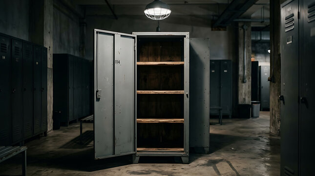 Dimly lit, desolate vintage locker room featuring an open metal cabinet with empty shelves, conveying forgotten history and abandonment within an old industrial or sports facility