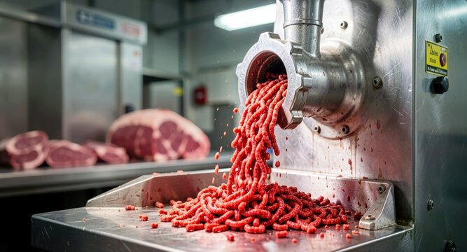 Industrial meat grinder processing fresh raw beef minced meat in butcher shop.

