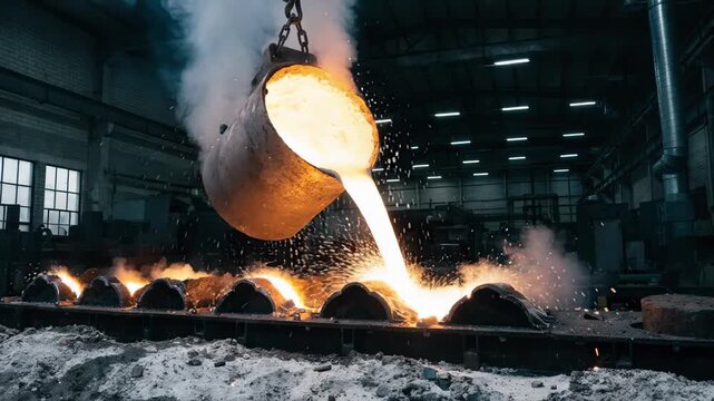Pouring bright aluminum liquid into cast molds with sparks flying showcasing lightweight hand plane body manufacturing in an industrial foundry setting