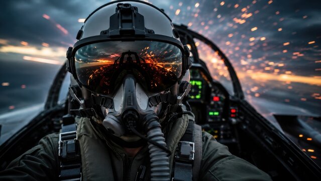 Jet fighter pilot wearing helmet inside cockpit during flight