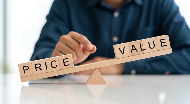 Wooden blocks balancing price and value on a seesaw scale representing economic decision making and strategic financial investment analysis concept
