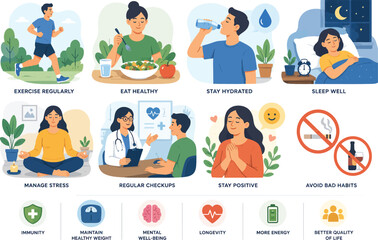 Fototapeta premium Healthy Lifestyle and Wellness Habits Conceptual Vector Illustration Set