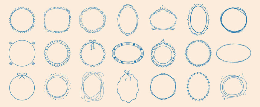 Hand drawn round and oval frames collection.