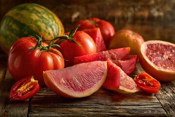 Nutrition-focused fruit and vegetable composition showcasing lycopene-rich foods © Popelniushka