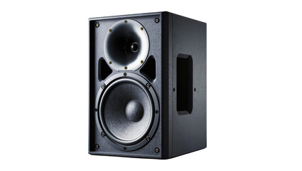 Black professional audio speaker with woofer and tweeter, isolated on transparent background © Mihai