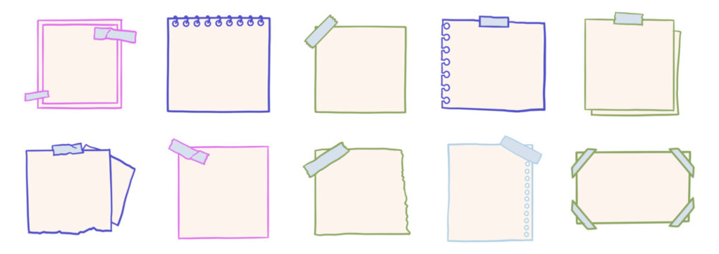 Set of pastel paper sheets with hand-drawn taped and torn edges. Decorative notebook and note doodles on transparent background.