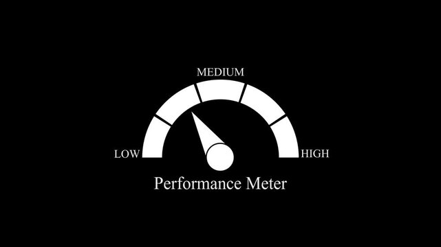 Performance Meter Animation with Arrow Pointer Moving from Low to High Level on Black Background for Business Infographics.