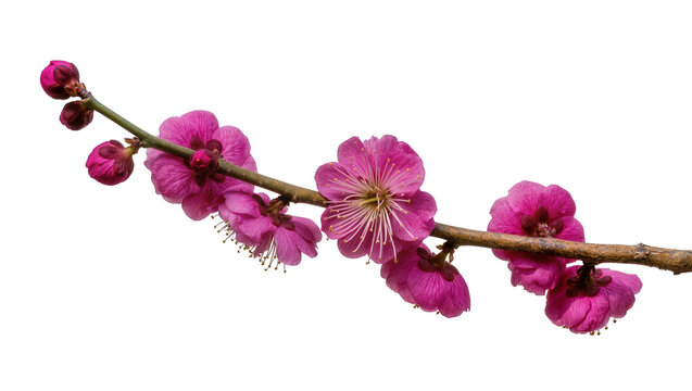 Branch with vibrant pink plum blossoms and buds, isolated on transparent background