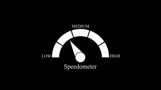 Speedometer Gauge Animation with Needle Moving Fast to High Level on Black Background for Performance Testing.