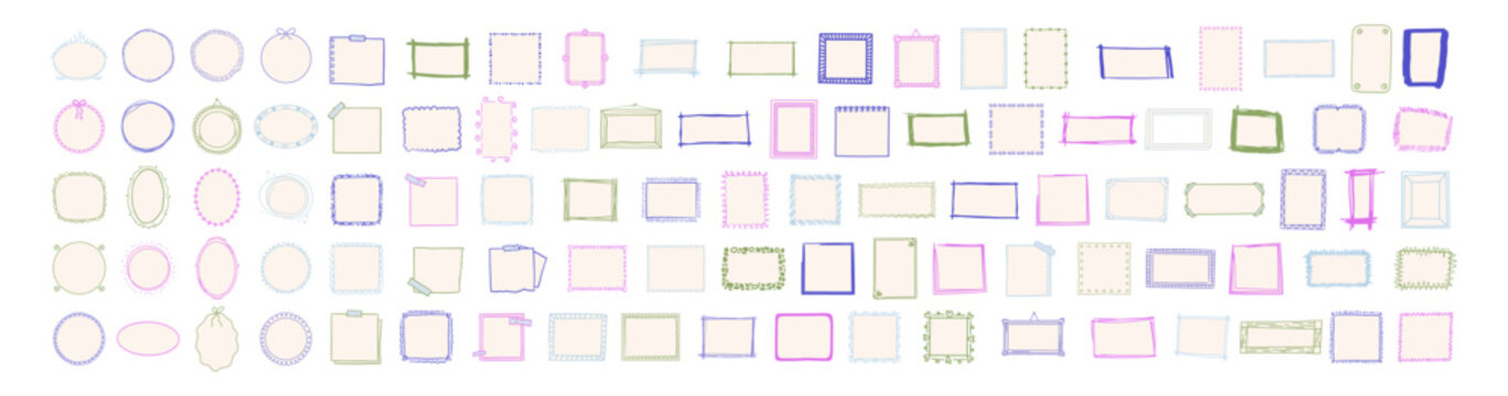 Pastel hand-drawn doodle frames and borders with bows and ribbons on transparent background.