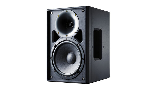 Black professional audio speaker with woofer and tweeter, isolated on transparent background